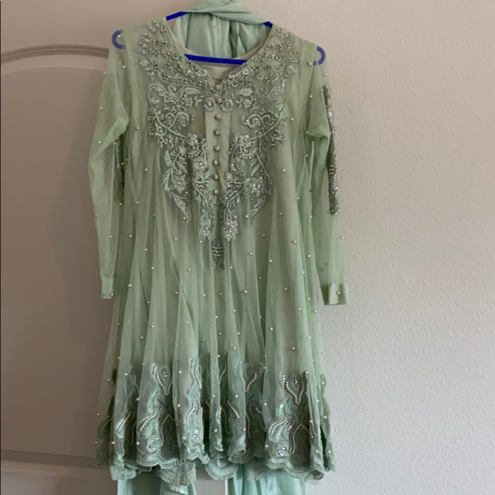 Ansab Jahangir sea green baby doll outfit